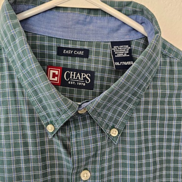 CHAPS Easy Care Men's XXL Shirt Green With Blue Stripes Button Down Long Sleeves - Picture 3 of 5